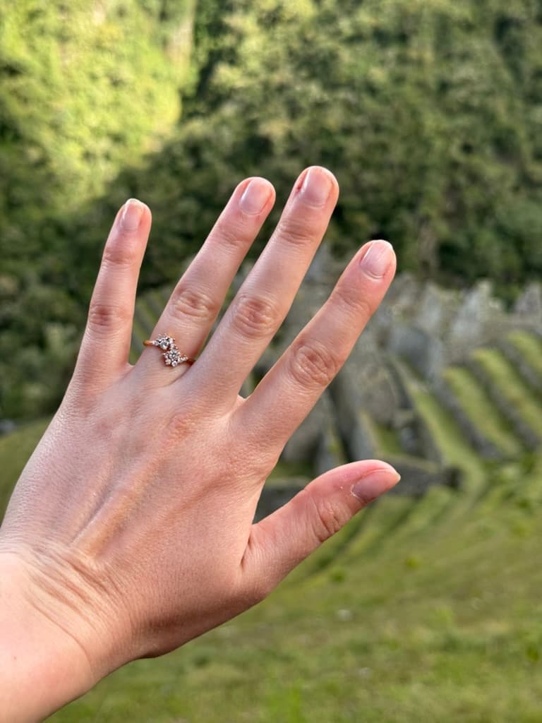 The engagement ring with Inca terraces behind